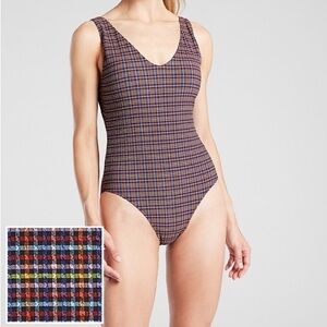 Athleta Searsucker Plaid Navy /Multicolor Women's V-Neck one-piece Swimsuit